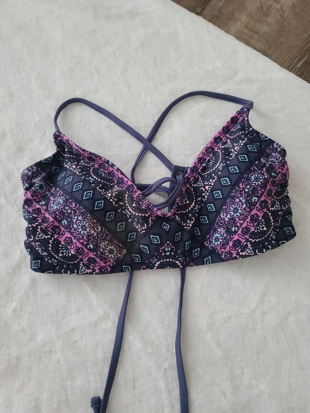 Xhilaration Purple and Black Patterned Crisscross Swim Top